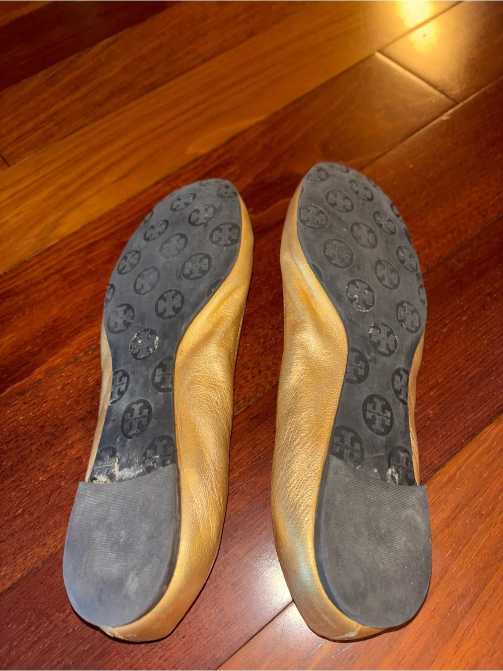 Tory Burch Metallic Gold Leather Logo Ballet Flats